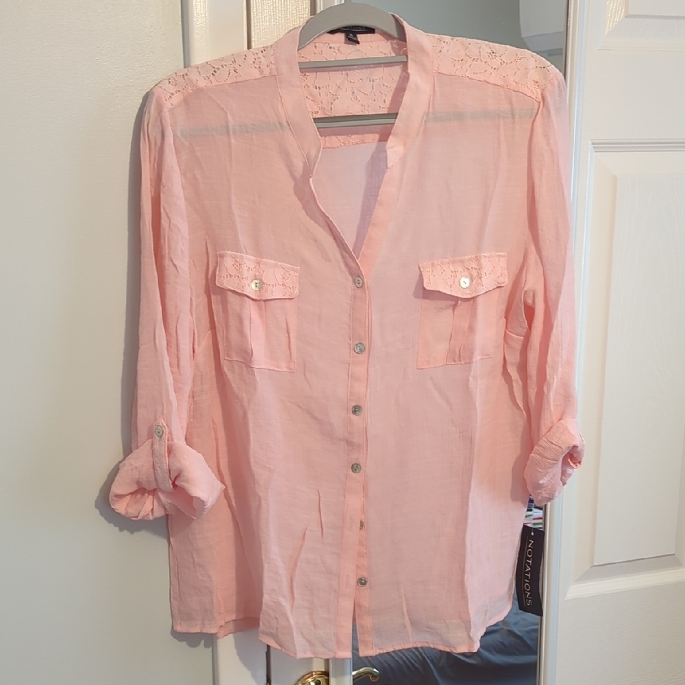 Pink Lace-Trimmed Button-Up Blouse